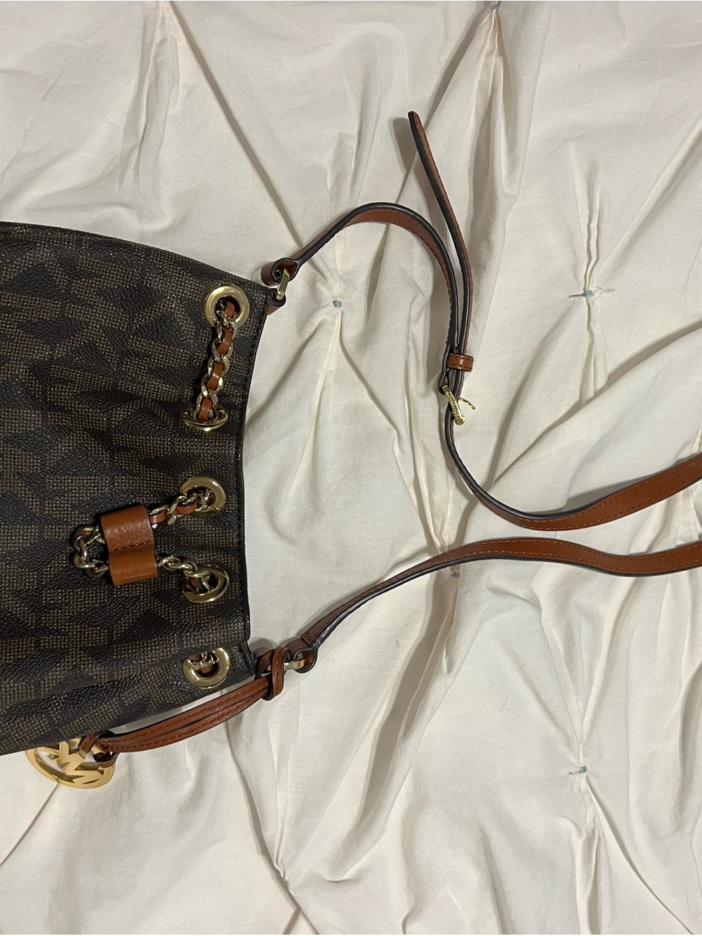 Michael Kors Brown Logo Drawstring Crossbody with Tan Trim